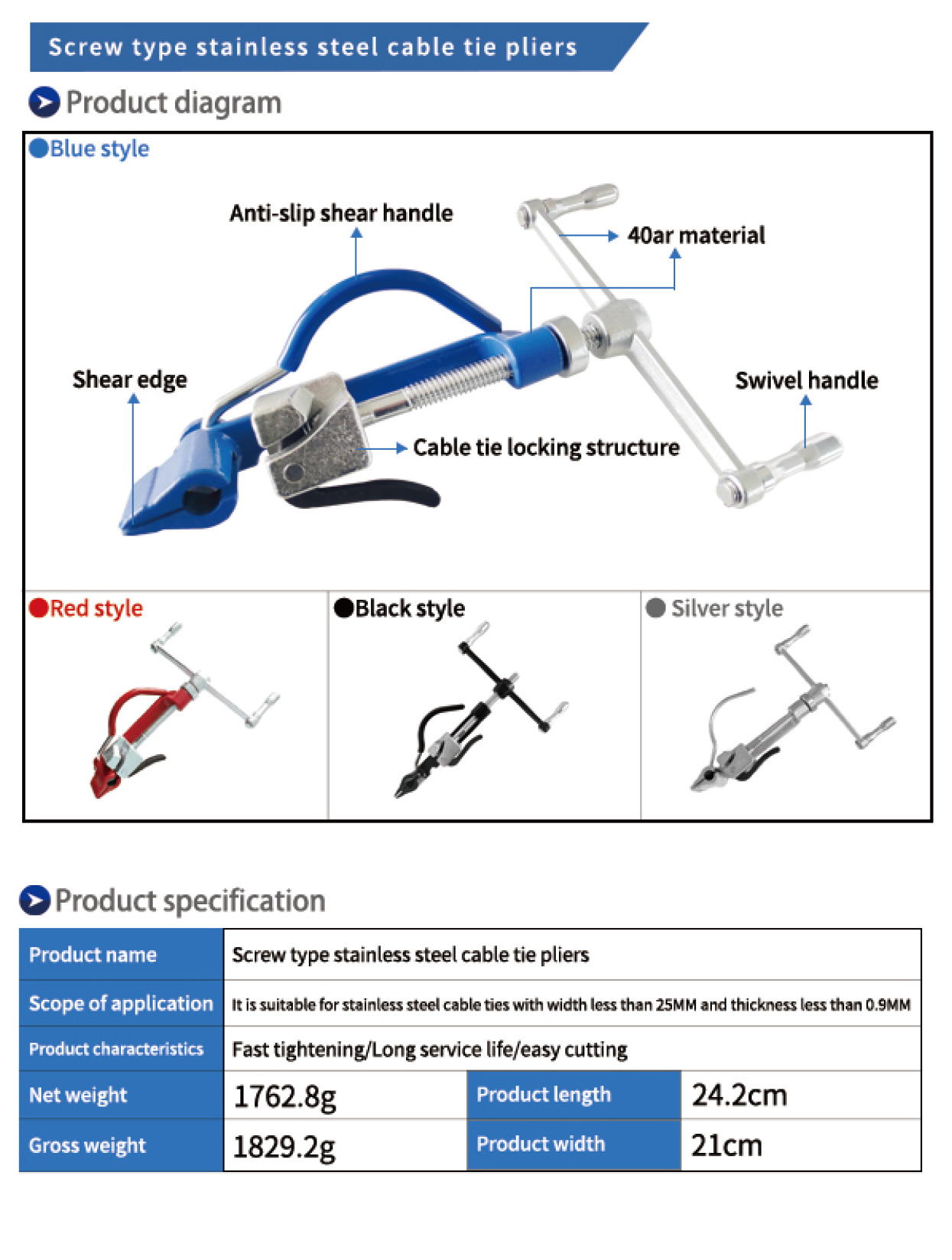 Screw type stainless steel cable tie pliers