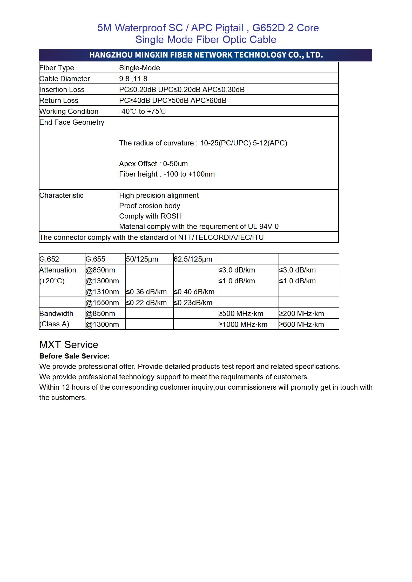 5M Waterproof SC APC Pigtail , G652D 2 Core Single Mode Fiber Optic Cable_02