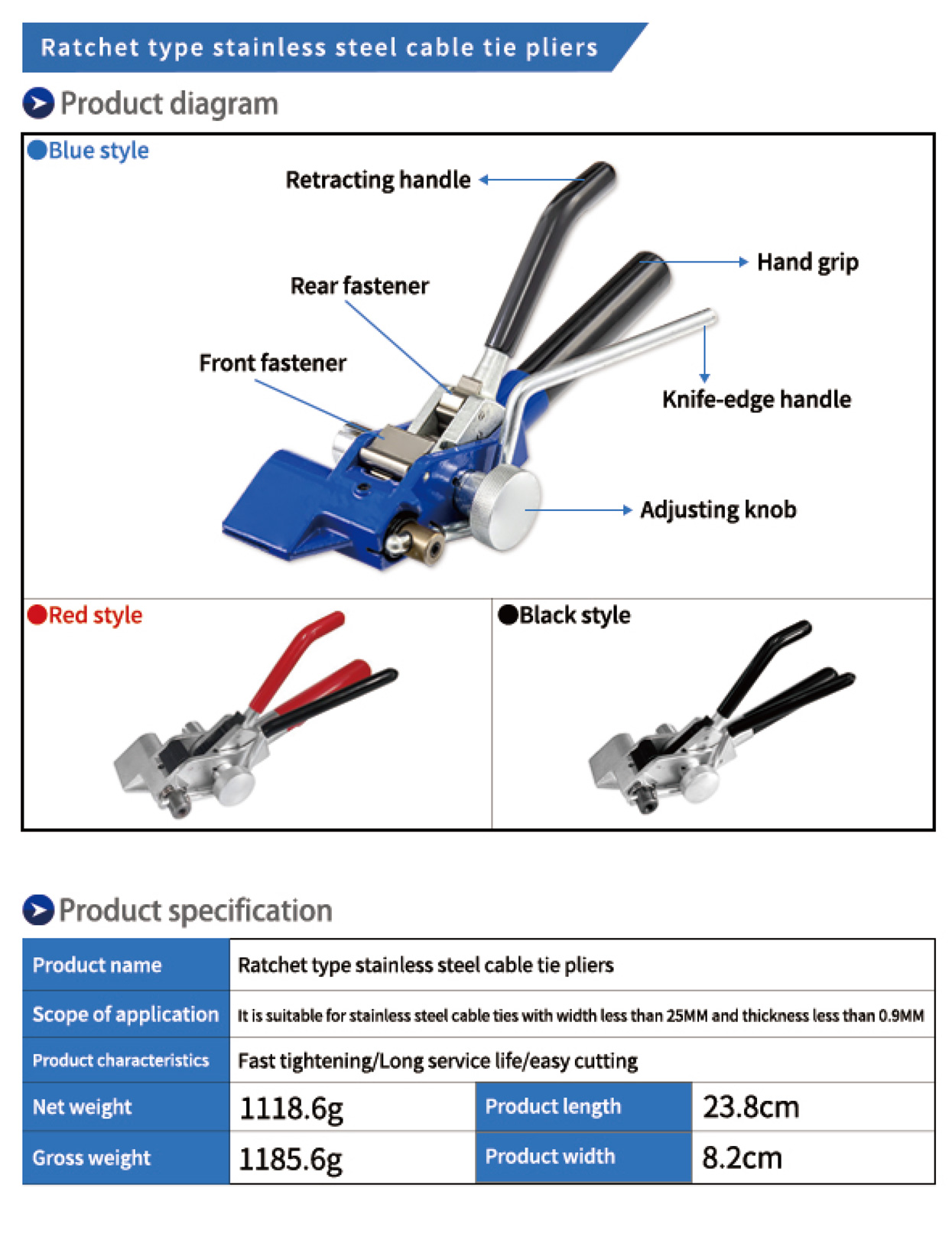 Ratchet type stainless steel cable tie pliers