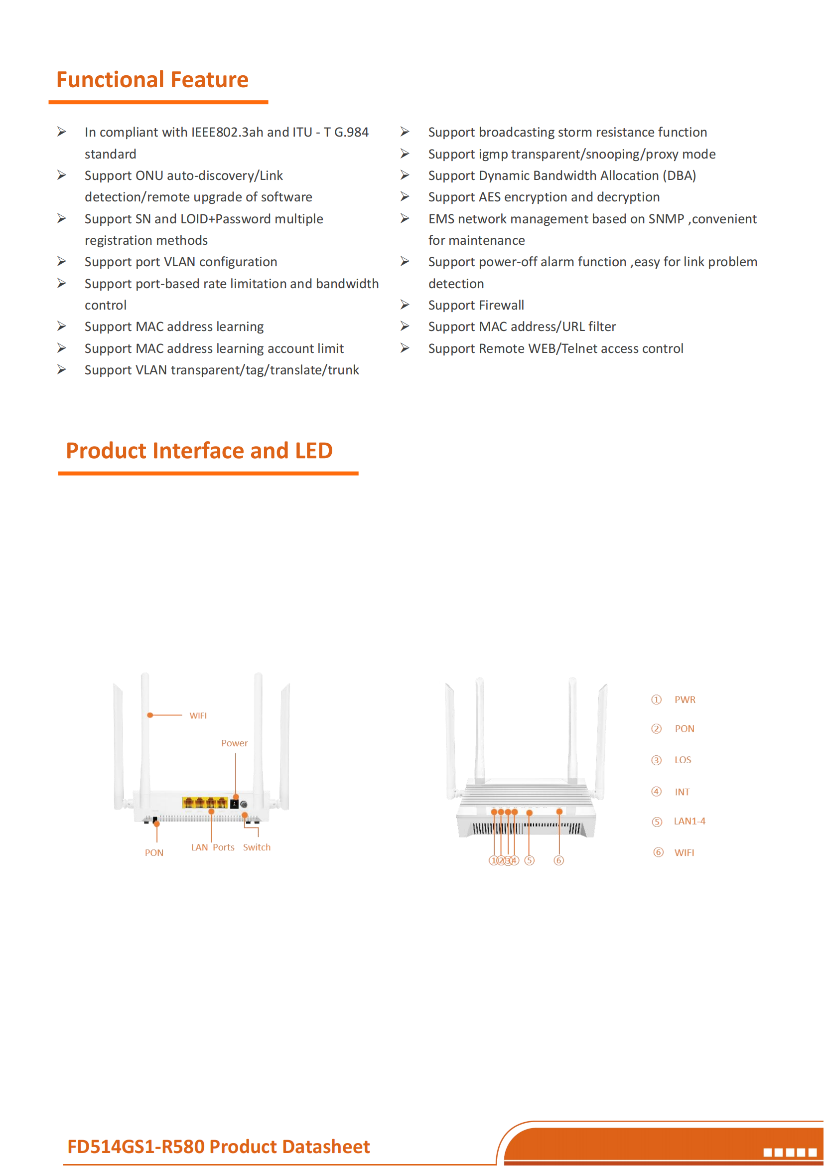 XPON ONU--FD514GS1-R580(4GE+2WIFI6(AX1500))datasheet-v4.0_01