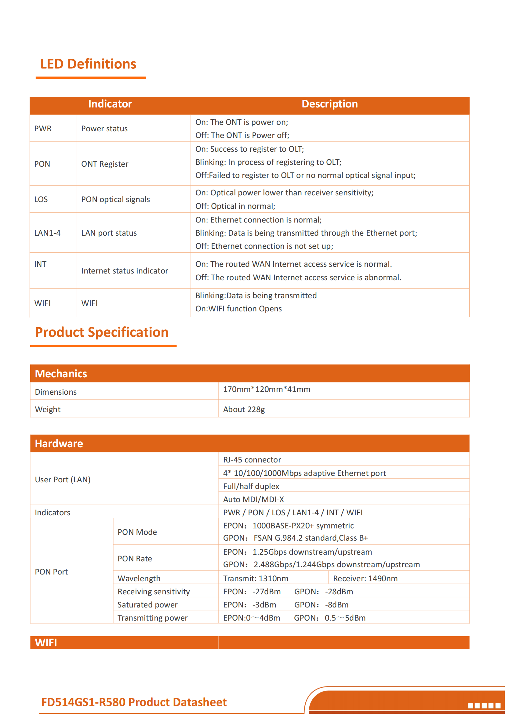 XPON ONU--FD514GS1-R580(4GE+2WIFI6(AX1500))datasheet-v4.0_02