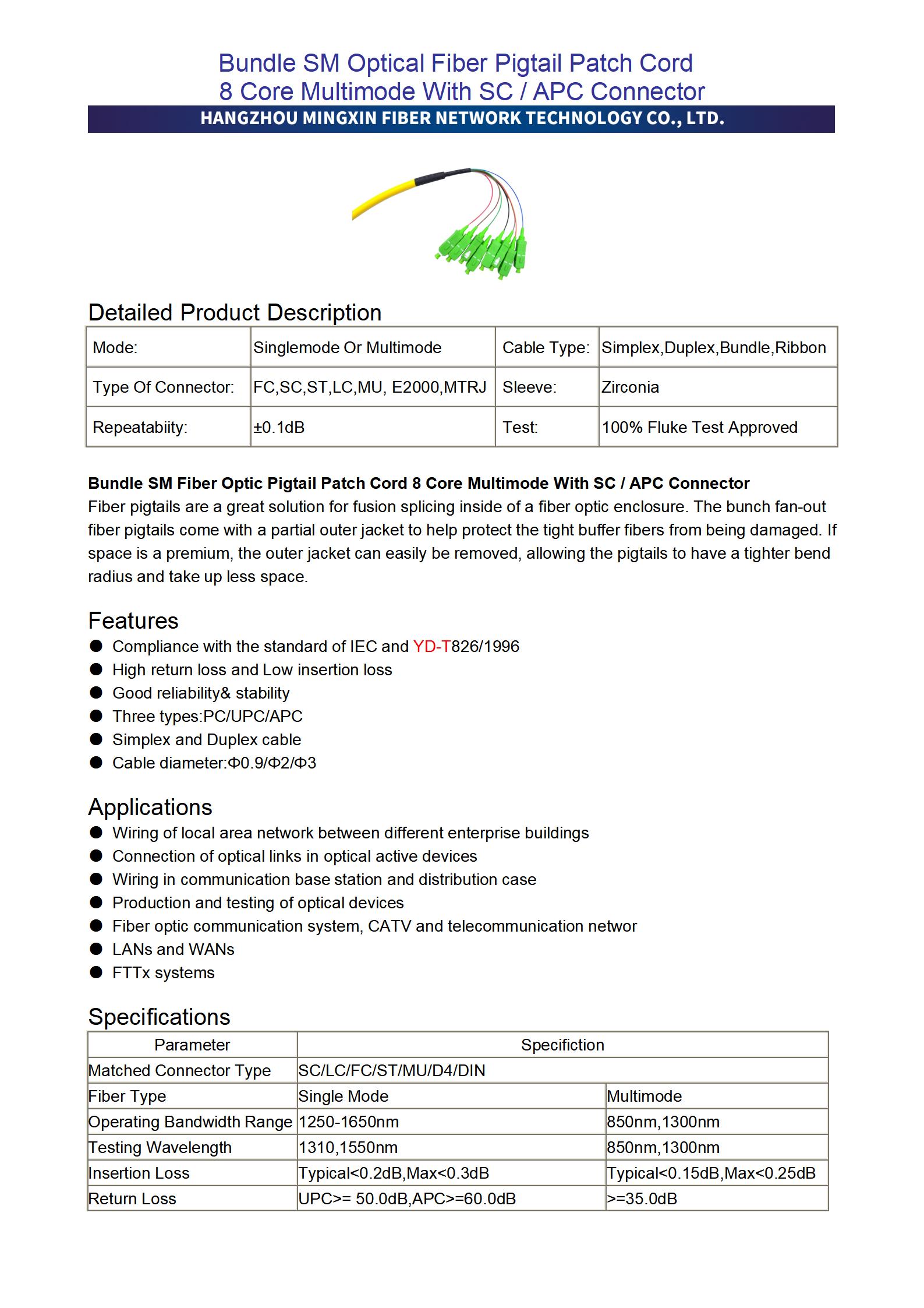 Bundle SM Optical Fiber Pigtail Patch Cord 8 Core Multimode With SC APC Connector_01