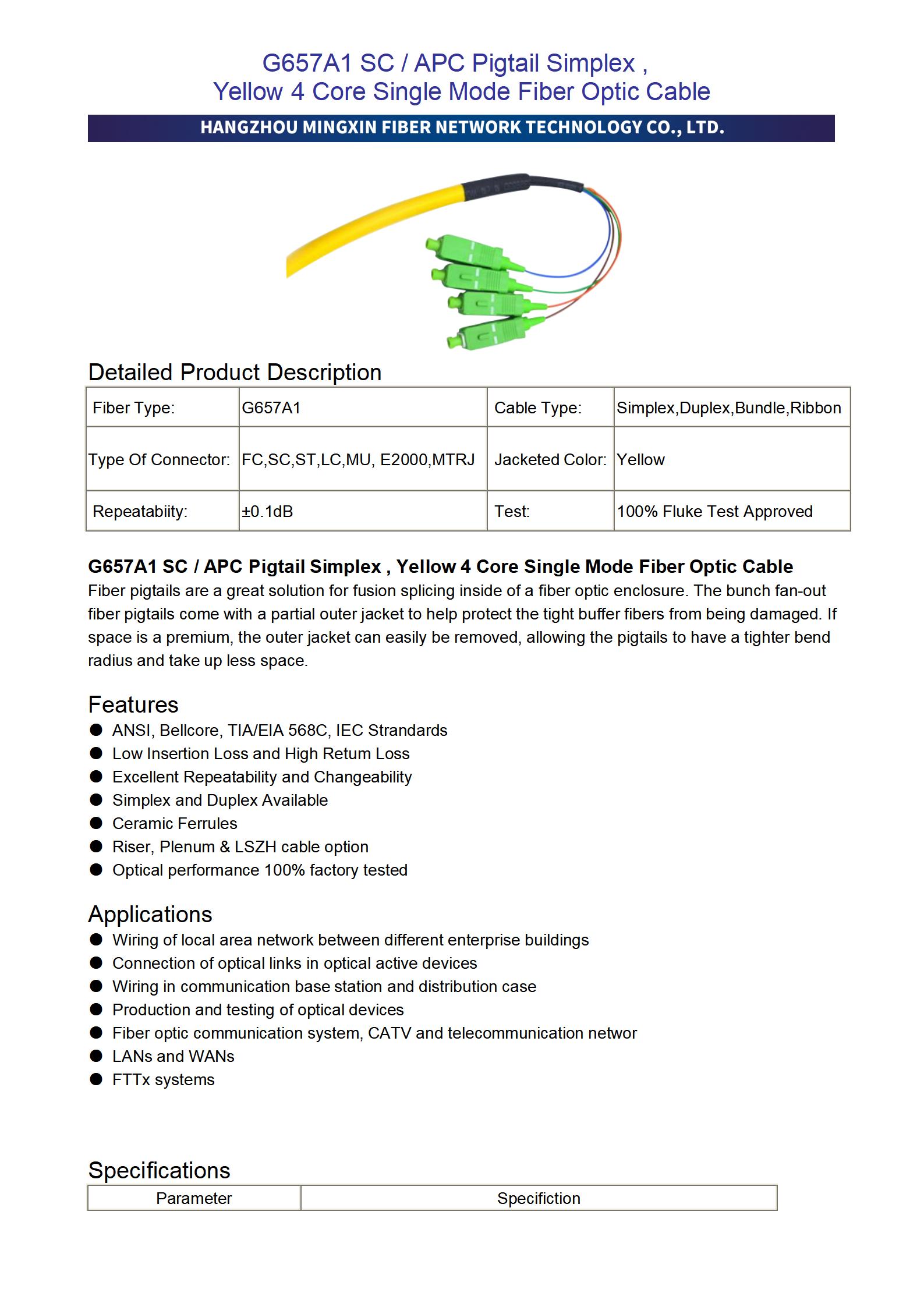 G657A1 SC APC Pigtail Simplex , Yellow 4 Core Single Mode Fiber Optic Cable_01