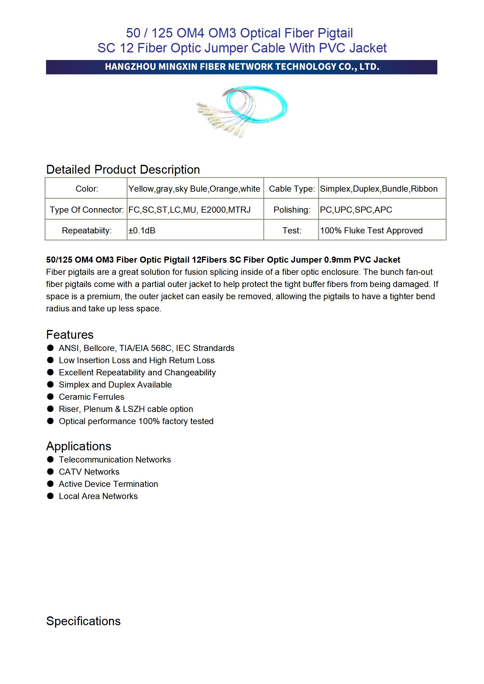 50&125 OM4 OM3 Optical Fiber Pigtail SC 12 Fiber Optic Jumper Cable With PVC Jacket_01