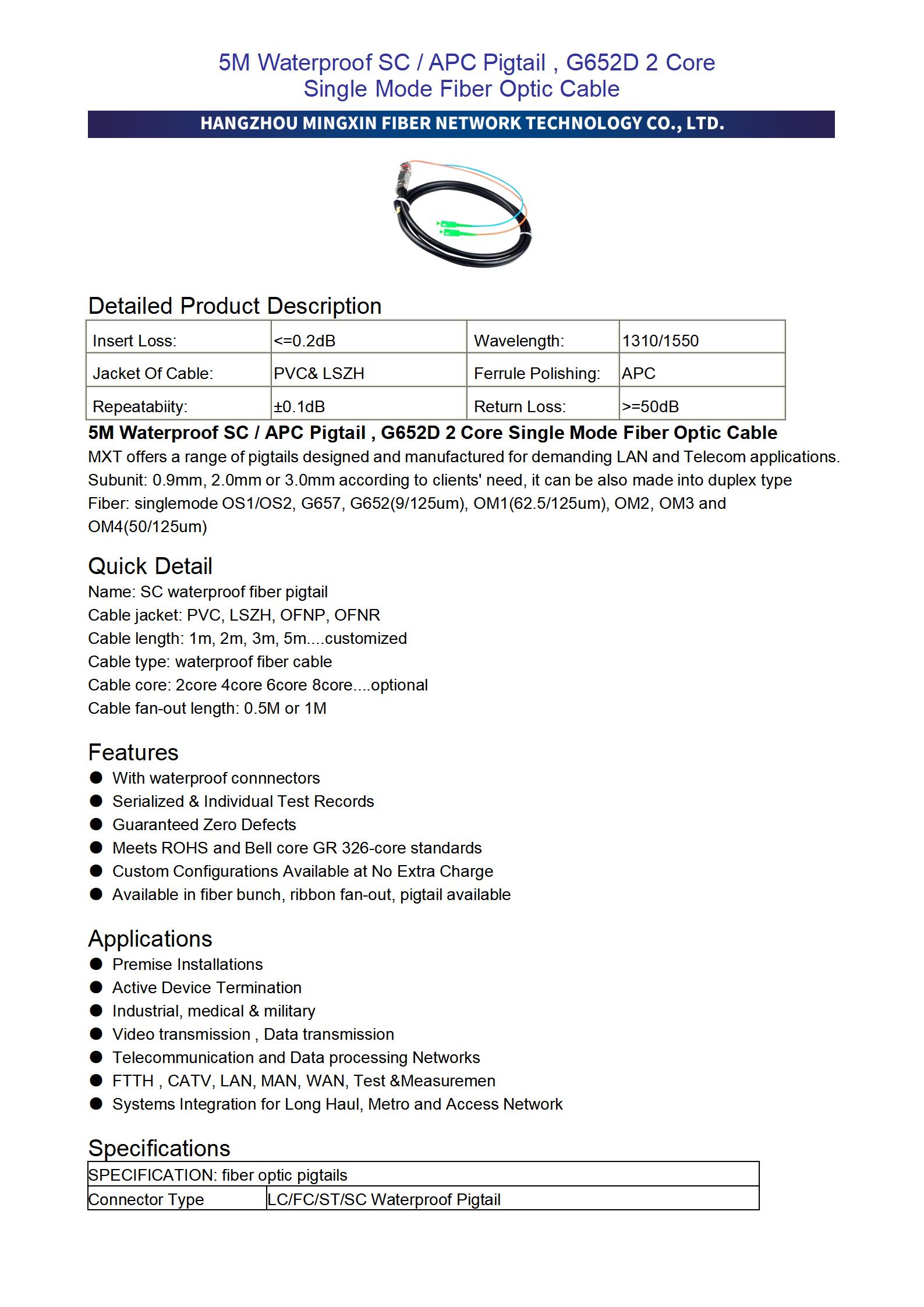 5M Waterproof SC APC Pigtail , G652D 2 Core Single Mode Fiber Optic Cable_01