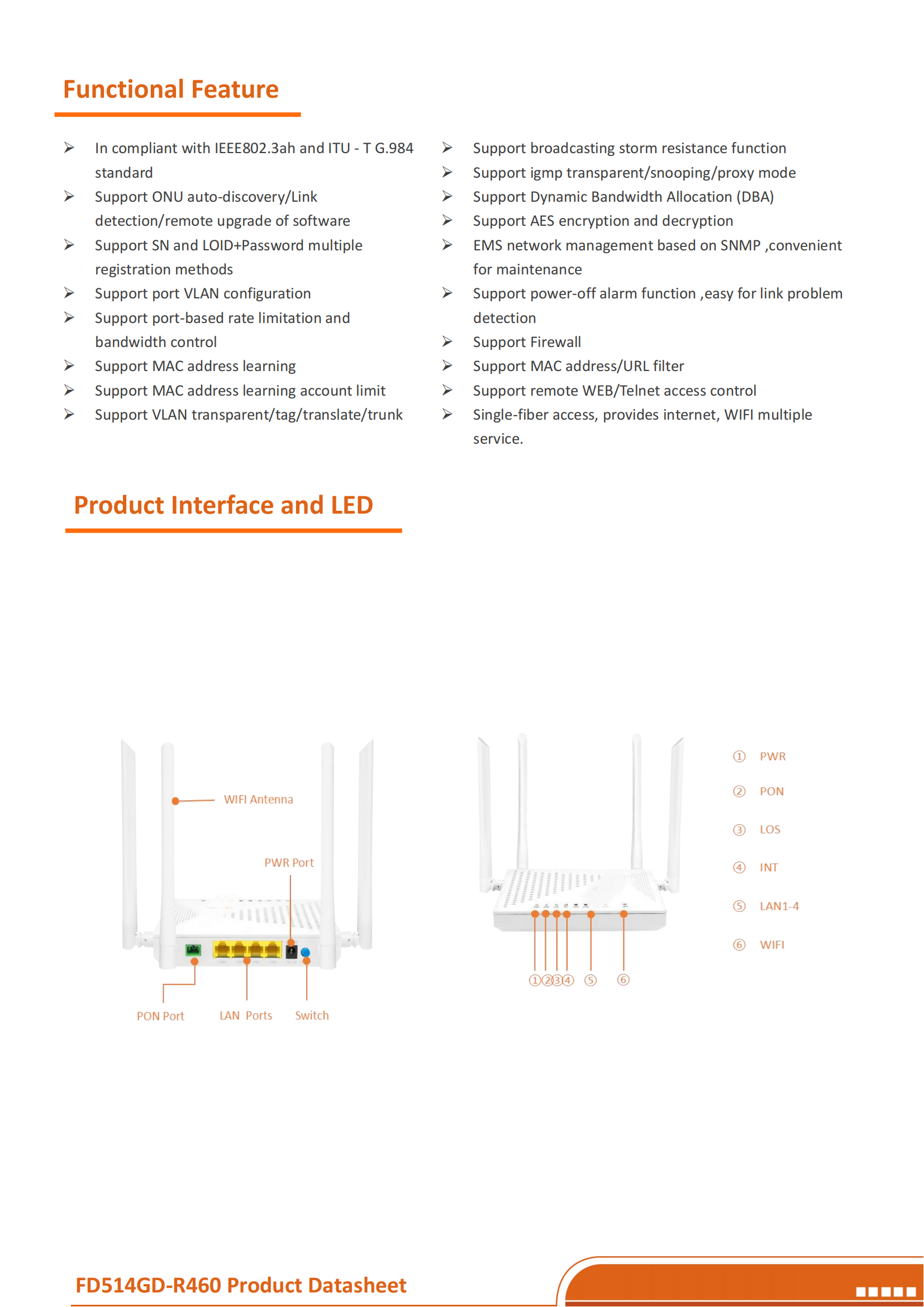 CDATA-XPON ONU--FD514GD-R460(4GE+2WIFI)datasheet-v4.0_01