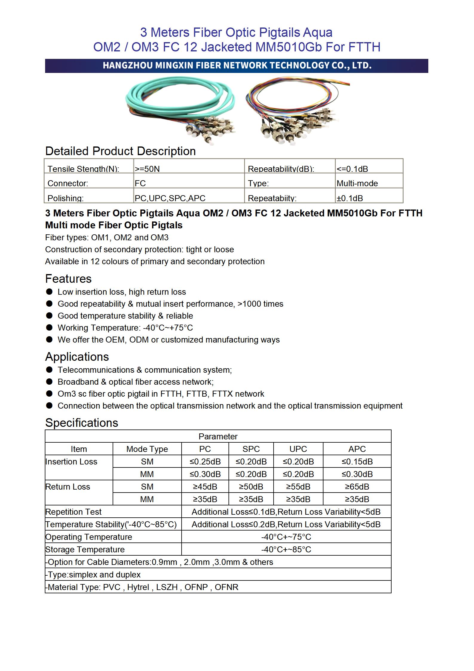 3 Meters Fiber Optic Pigtails Aqua OM2 OM3 FC 12 Jacketed MM5010Gb For_01