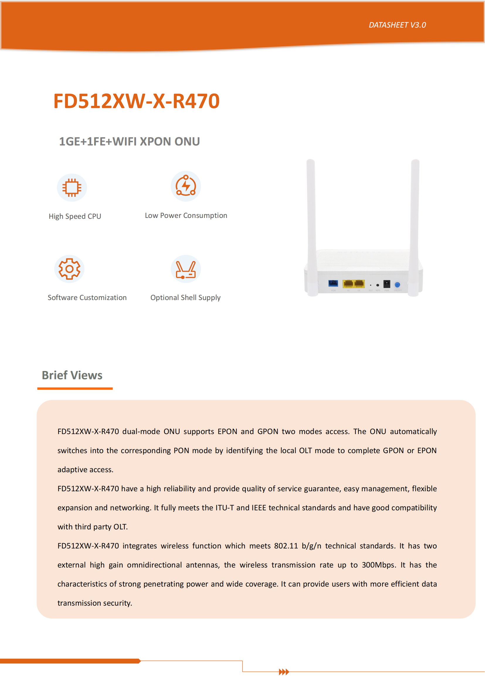XPON ONU--FD512XW-X-R470( 1GE+1FE+WIFI)datasheet-V3.0_00